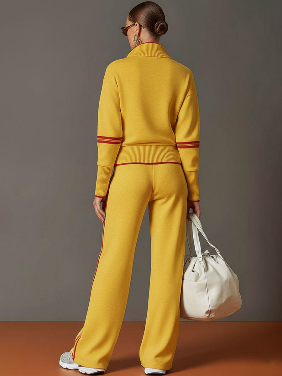 Women's Retro Two-Piece Tracksuit Set Half Zip Wide Leg
