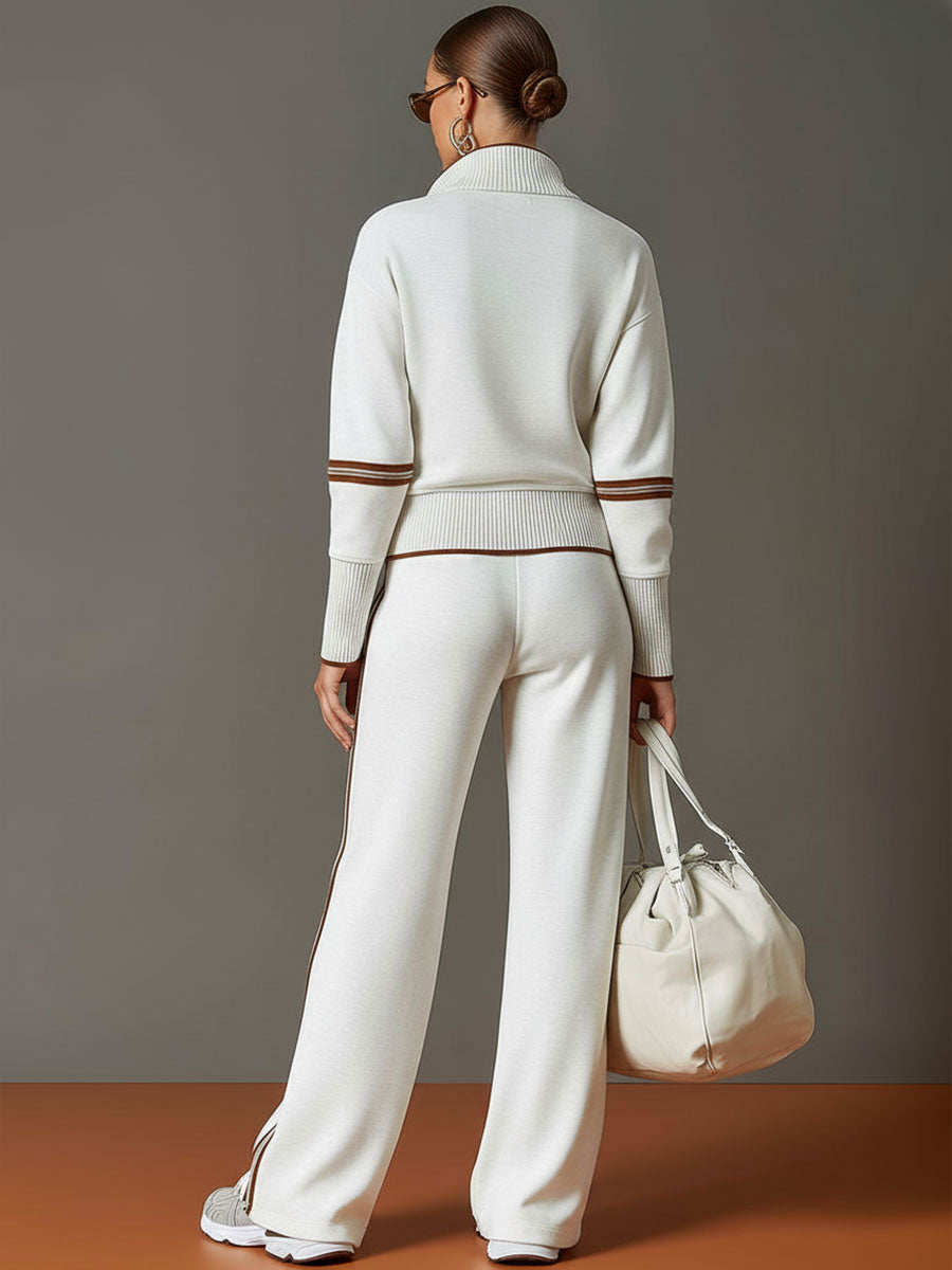 Women's Retro Two-Piece Tracksuit Set Half Zip Wide Leg