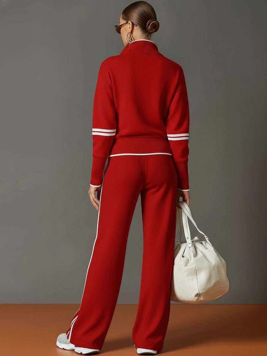 Women's Retro Two-Piece Tracksuit Set Half Zip Wide Leg