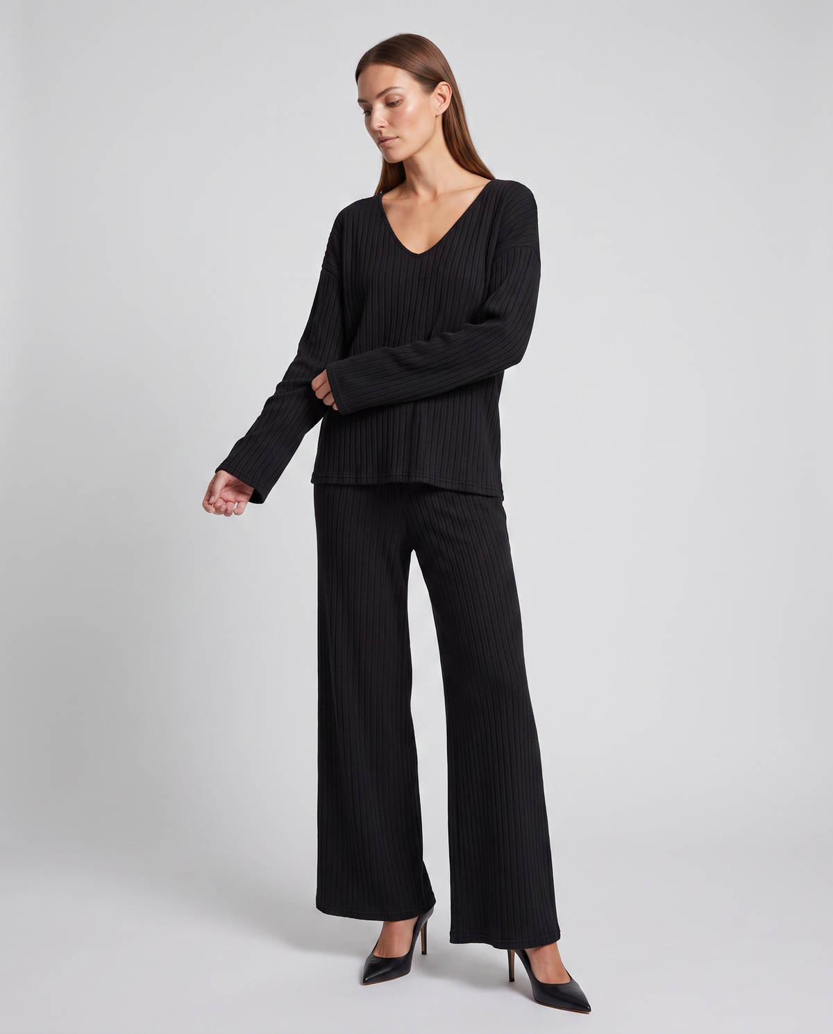 Thea Ribbed Knit V-Neck Set | Women's Wide-Leg Two-Piece