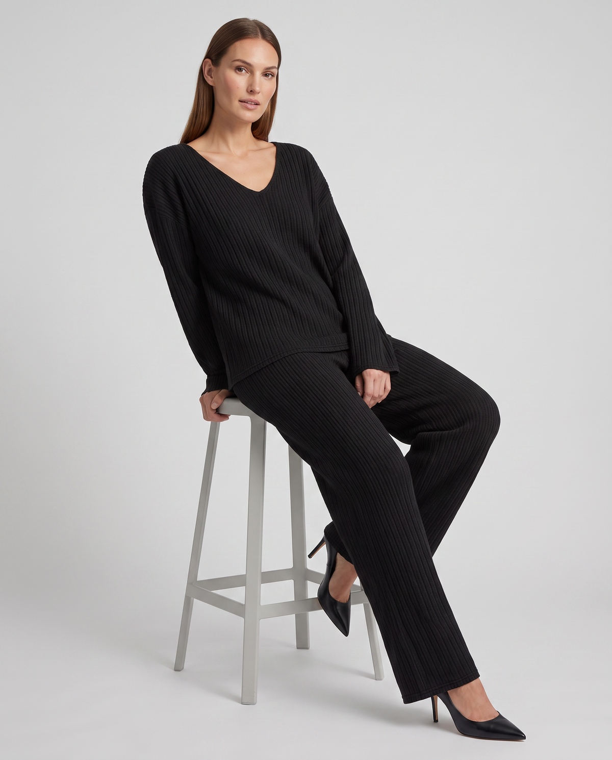 Thea Ribbed Knit V-Neck Set | Women's Wide-Leg Two-Piece