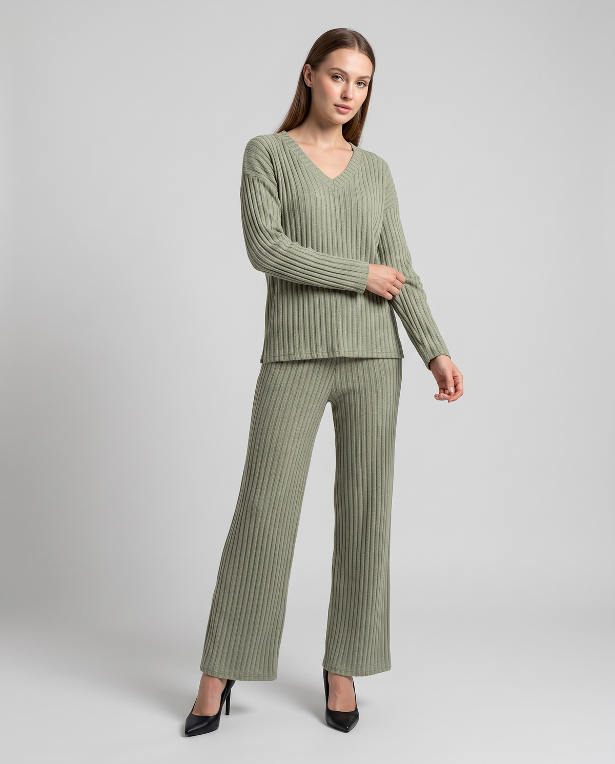 Thea Ribbed Knit V-Neck Set | Women's Wide-Leg Two-Piece
