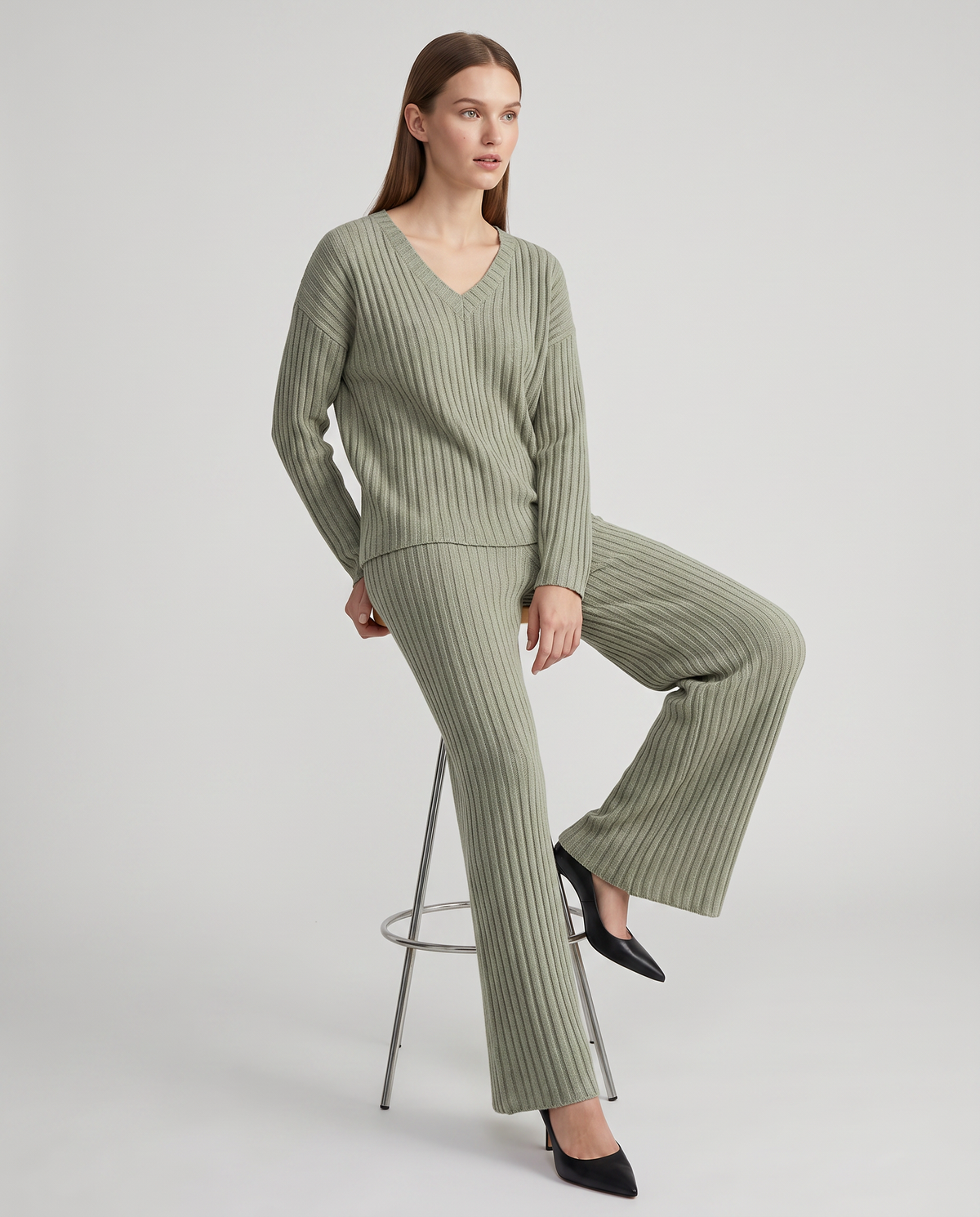 Thea Ribbed Knit V-Neck Set | Women's Wide-Leg Two-Piece
