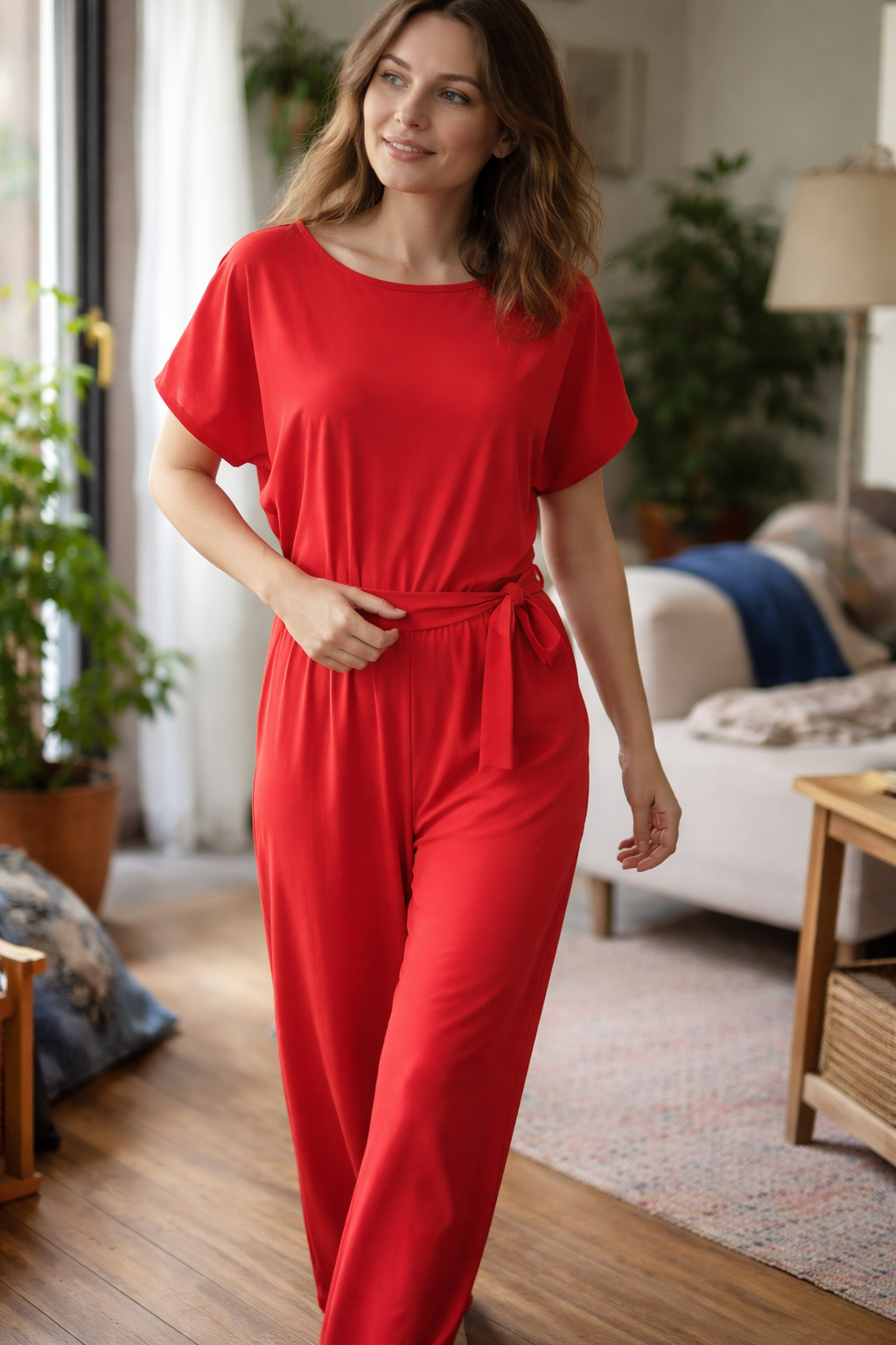 Joanna Belted Lounge Jumpsuit | Women's Short Sleeve Tie-Waist