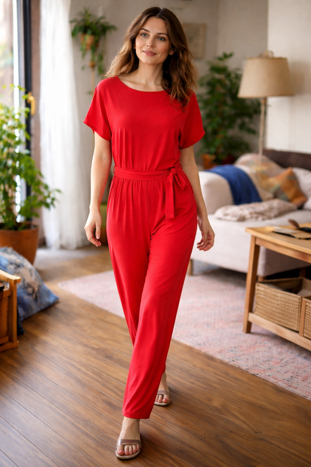 Joanna Belted Lounge Jumpsuit | Women's Short Sleeve Tie-Waist