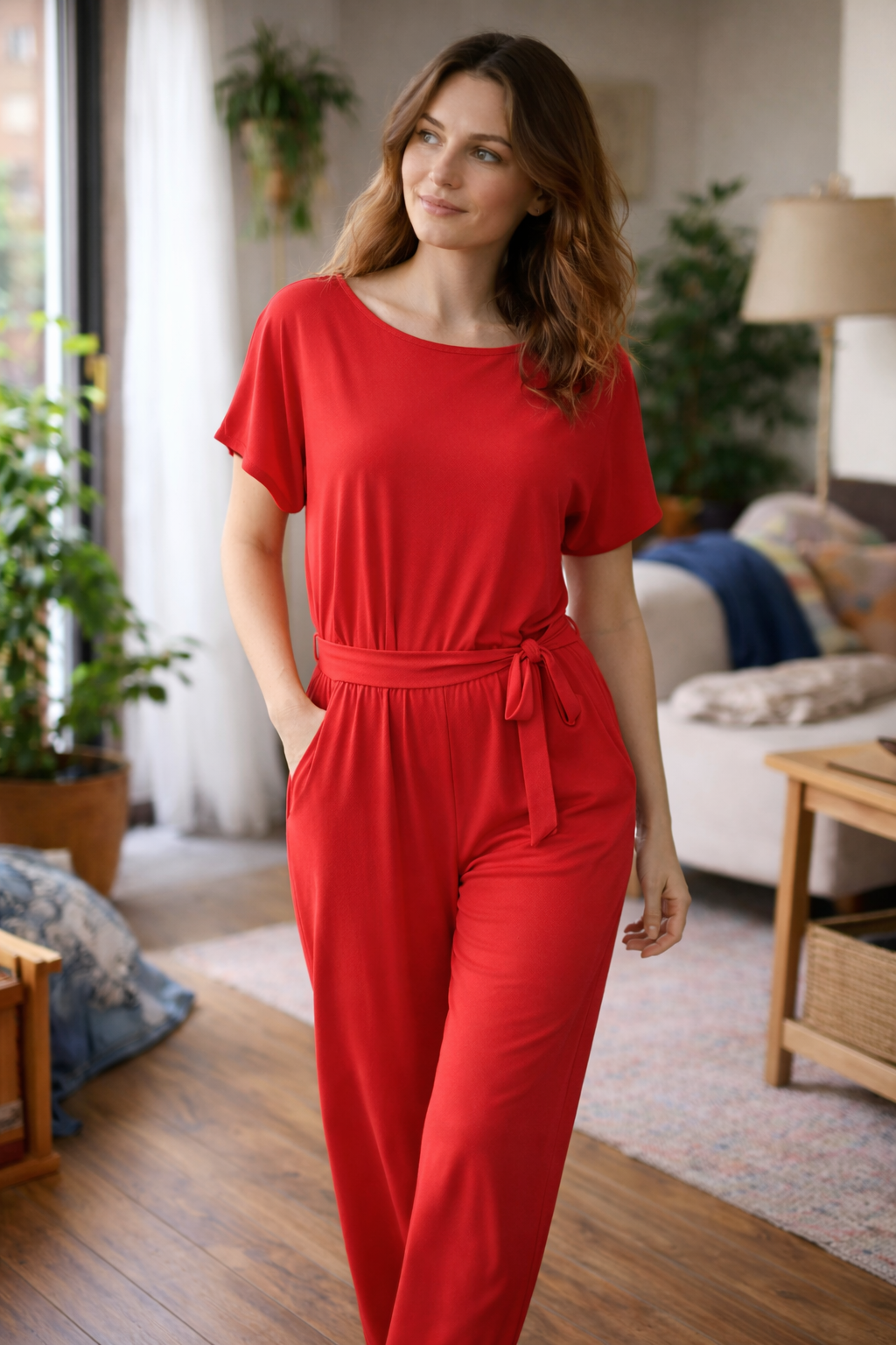 Joanna Belted Lounge Jumpsuit | Women's Short Sleeve Tie-Waist