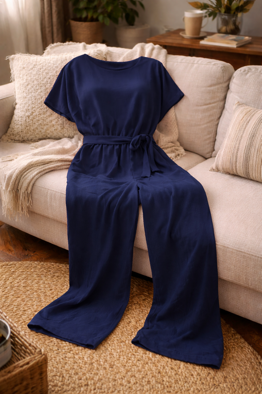 Joanna Belted Lounge Jumpsuit | Women's Short Sleeve Tie-Waist
