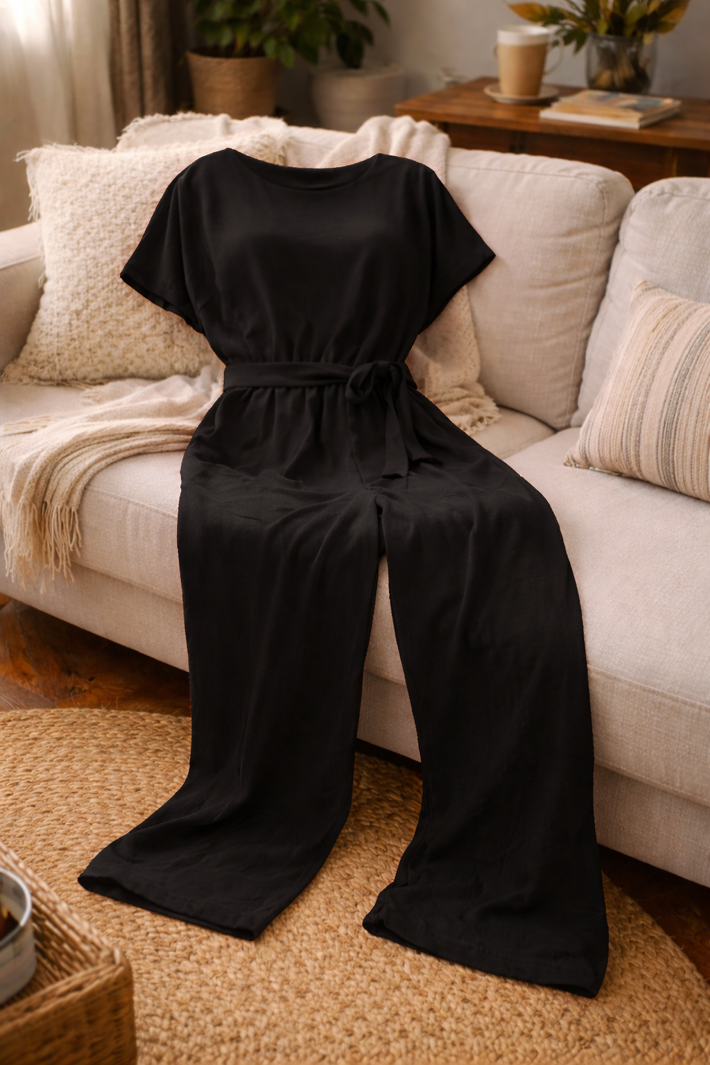 Joanna Belted Lounge Jumpsuit | Women's Short Sleeve Tie-Waist
