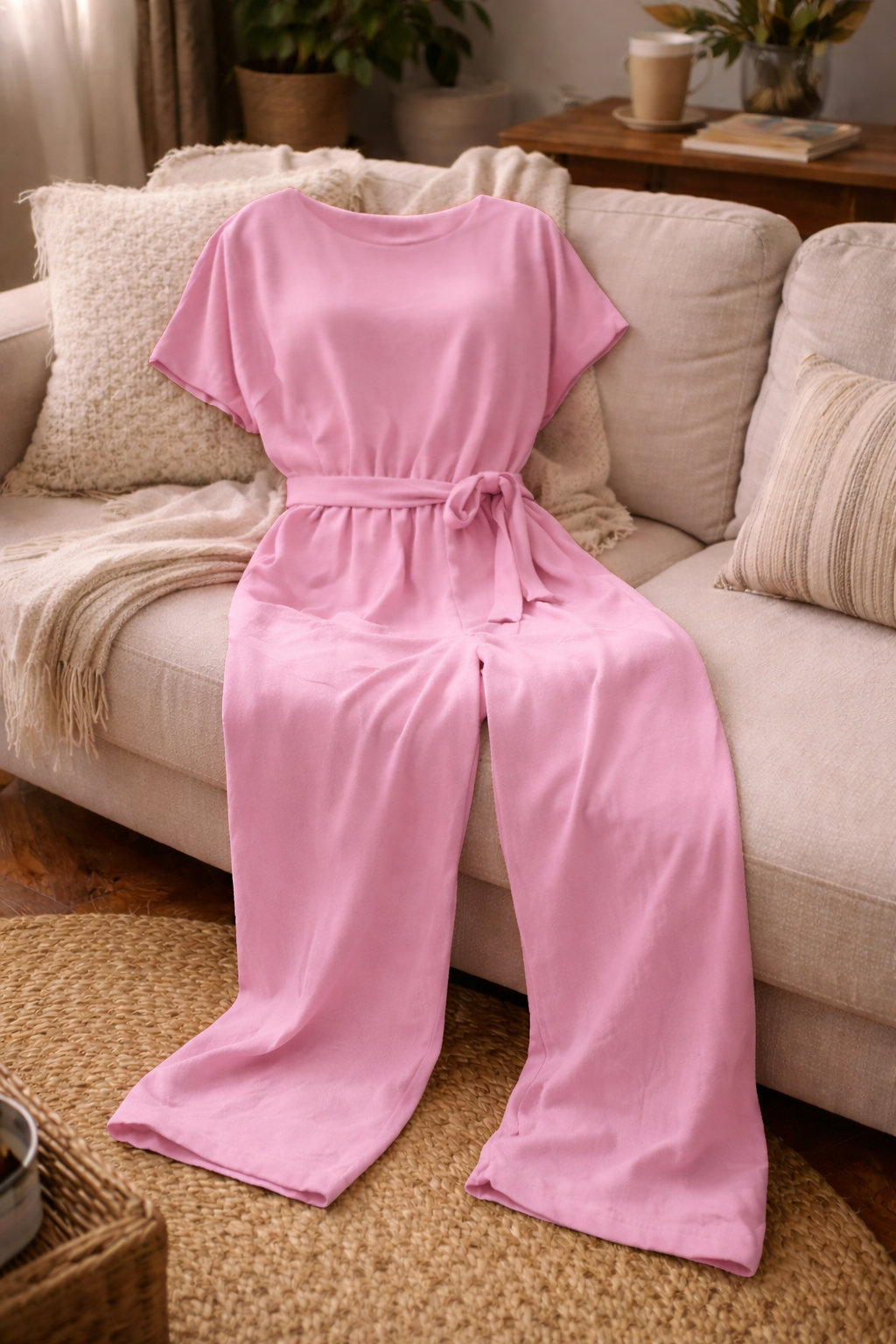 Joanna Belted Lounge Jumpsuit | Women's Short Sleeve Tie-Waist
