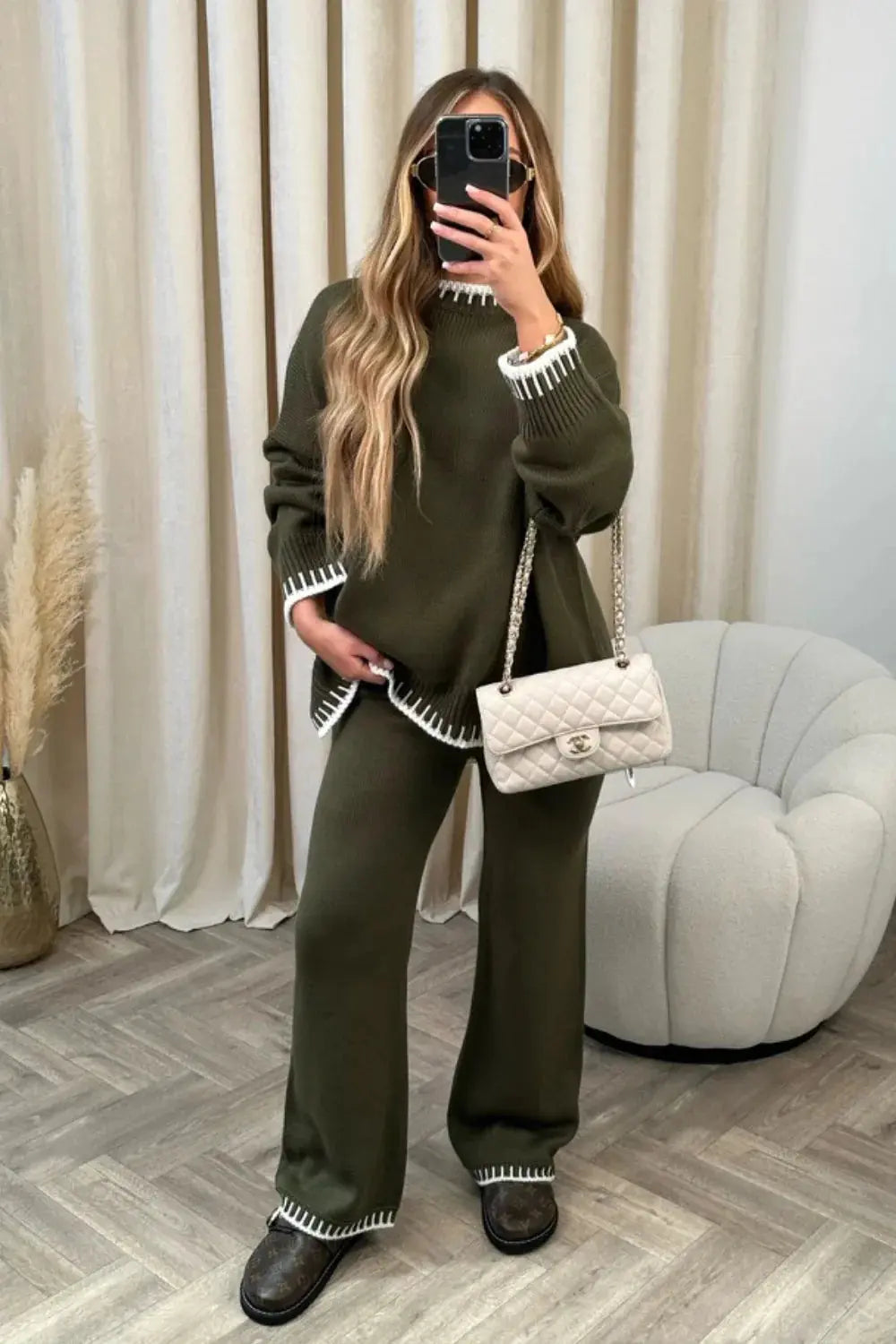 Contrast Trim Knit Lounge Set with Wide Leg Trousers