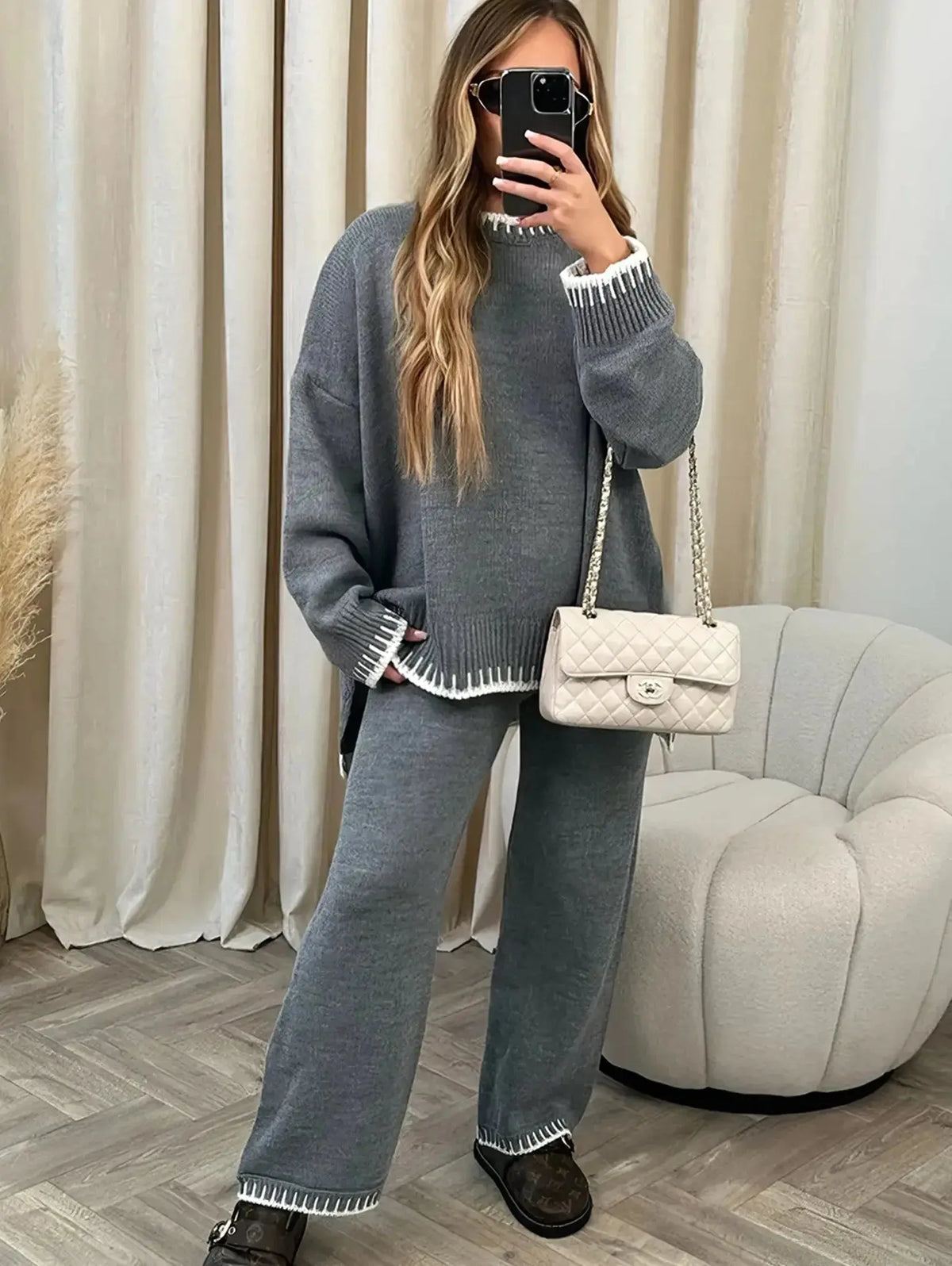Contrast Trim Knit Lounge Set with Wide Leg Trousers