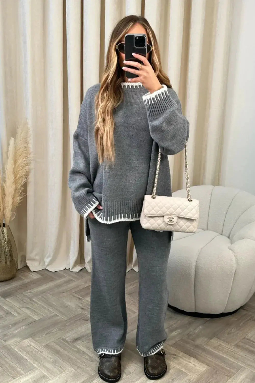 Contrast Trim Knit Lounge Set with Wide Leg Trousers