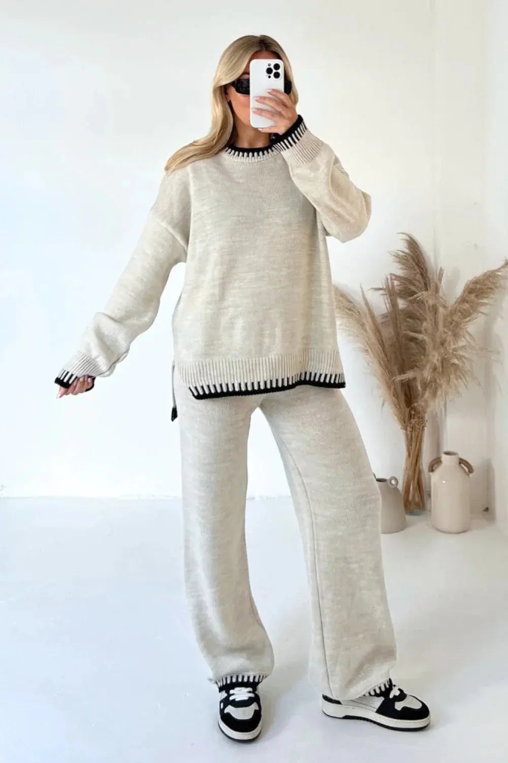 Contrast Trim Knit Lounge Set with Wide Leg Trousers