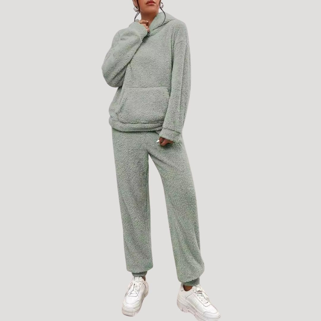 Fleece Lounge Set with High Neck Top and Relaxed Trousers