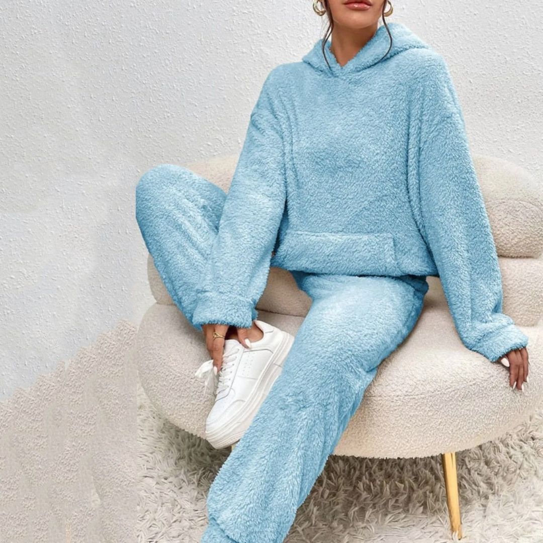 Fleece Lounge Set with High Neck Top and Relaxed Trousers
