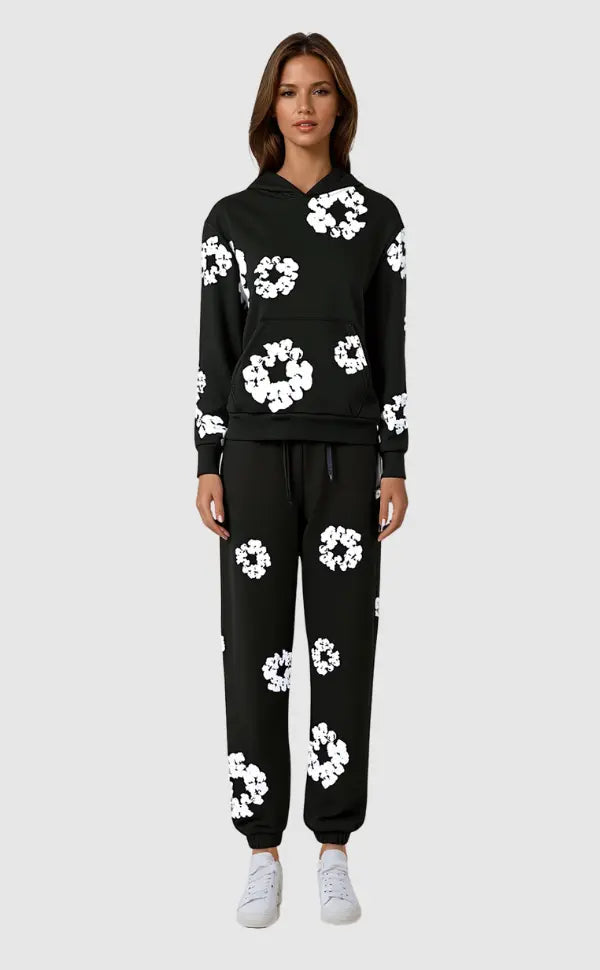 Hooded Tracksuit Set with Drawstring Trousers and Floral Detail