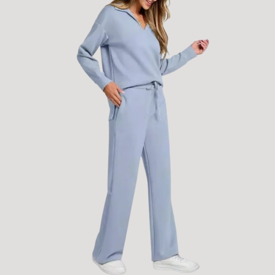 Knit Lounge Co-Ord Set with V Neck Top and Wide Leg Trousers