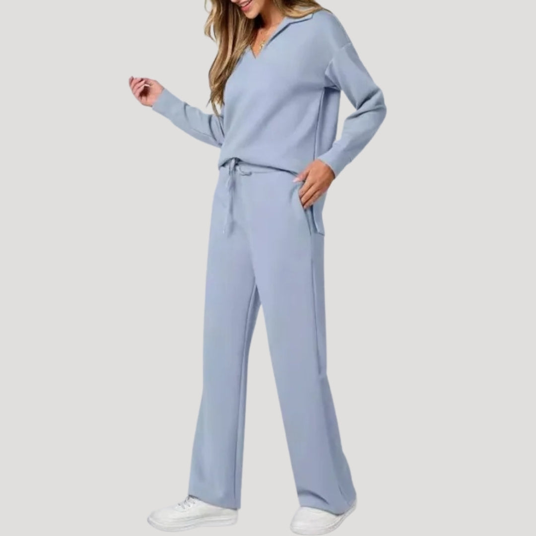 Knit Lounge Co-Ord Set with V Neck Top and Wide Leg Trousers