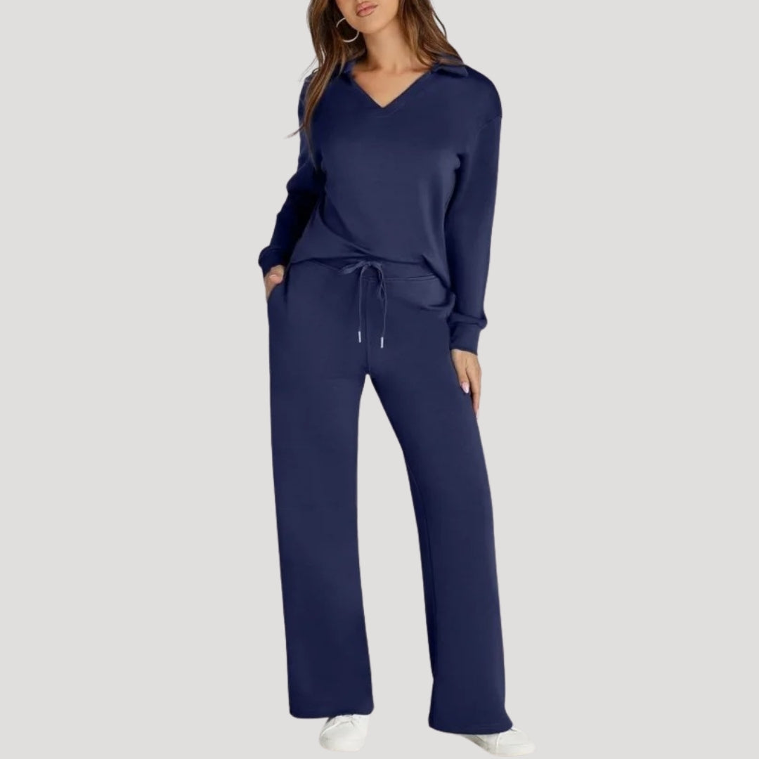 Knit Lounge Co-Ord Set with V Neck Top and Wide Leg Trousers
