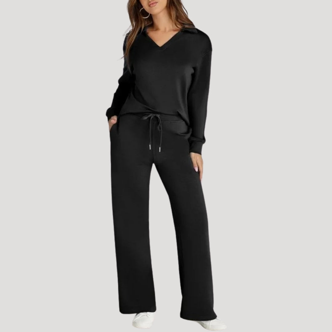 Knit Lounge Co-Ord Set with V Neck Top and Wide Leg Trousers