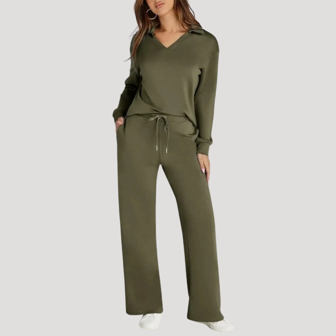 Knit Lounge Co-Ord Set with V Neck Top and Wide Leg Trousers