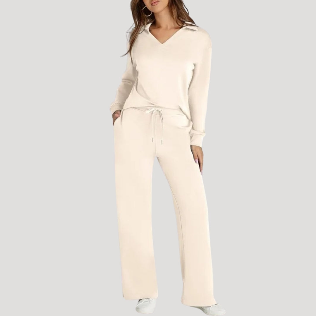 Knit Lounge Co-Ord Set with V Neck Top and Wide Leg Trousers
