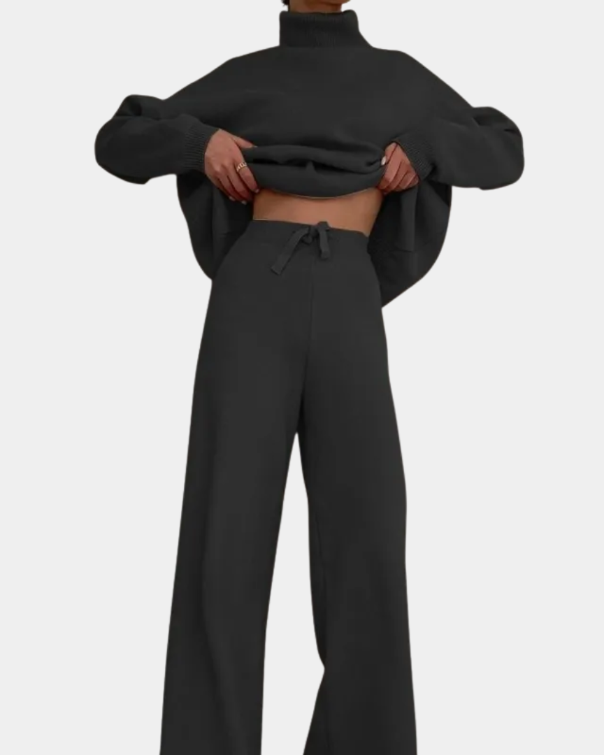 Knit Loungewear Set with Turtleneck and Wide-Leg Trousers