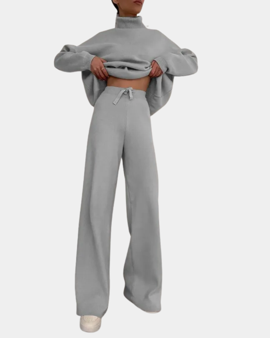 Knit Loungewear Set with Turtleneck and Wide-Leg Trousers
