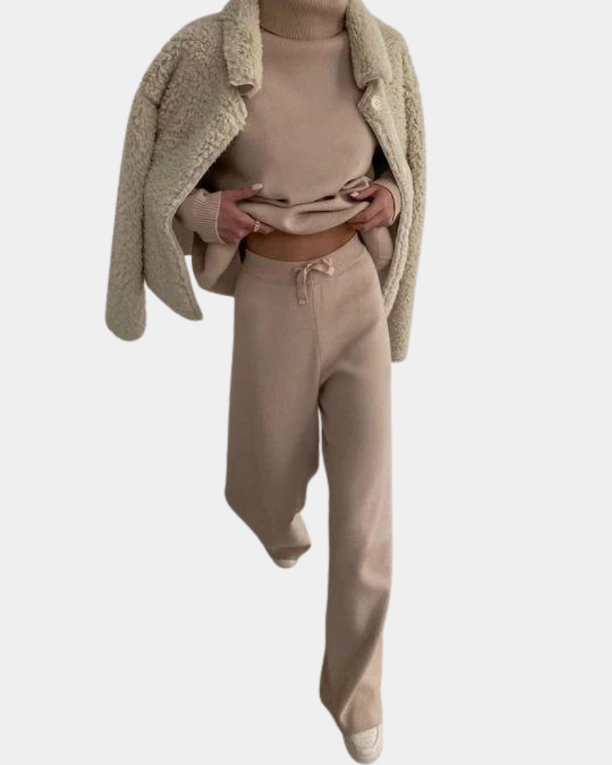 Knit Loungewear Set with Turtleneck and Wide-Leg Trousers