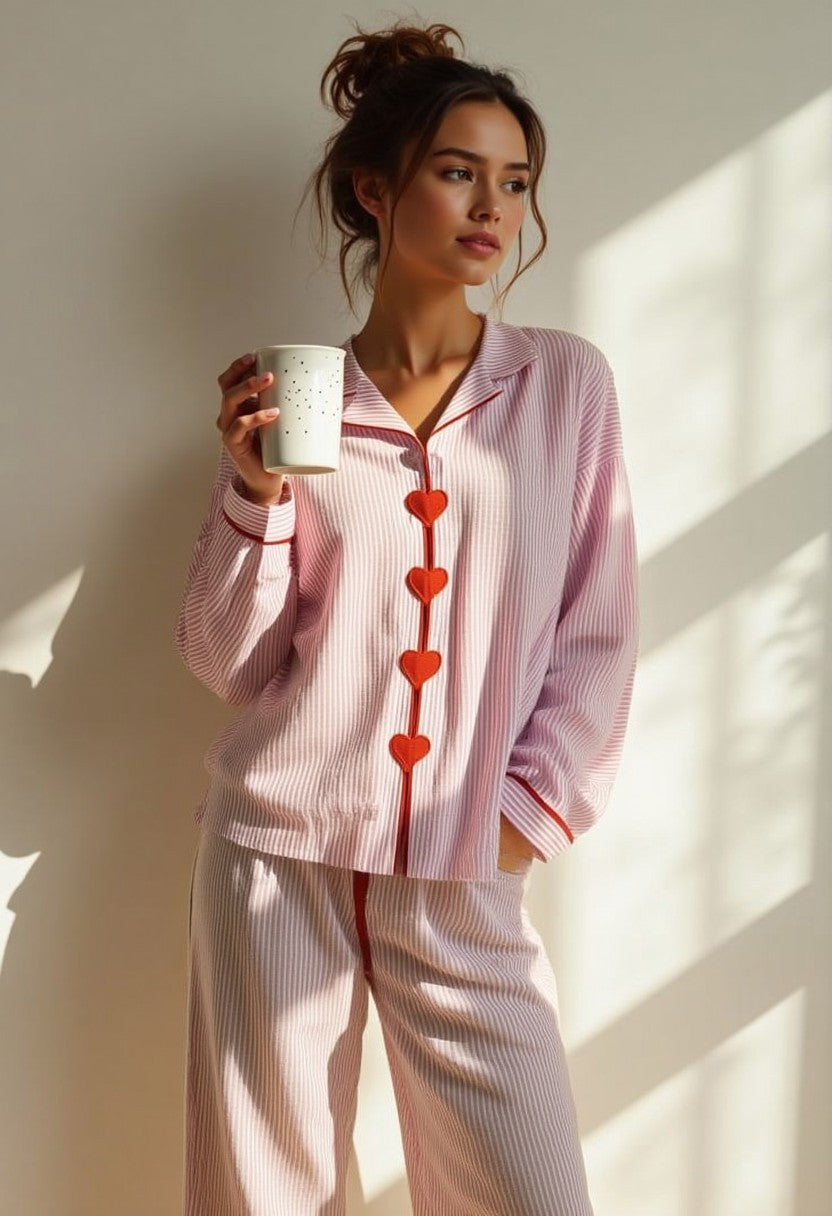 Della Heart-Button Pyjama Set | Women's Straight-Leg Two-Piece