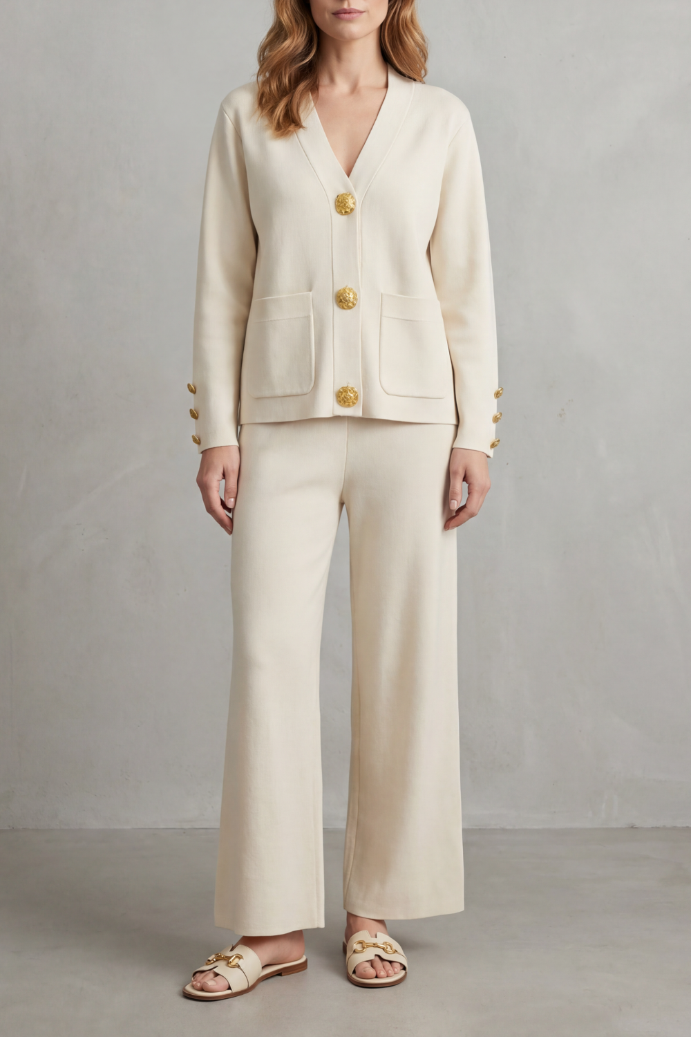 Livia Gold-Button Lounge Set | Women's V-Neck Wide-Leg Two-Piece