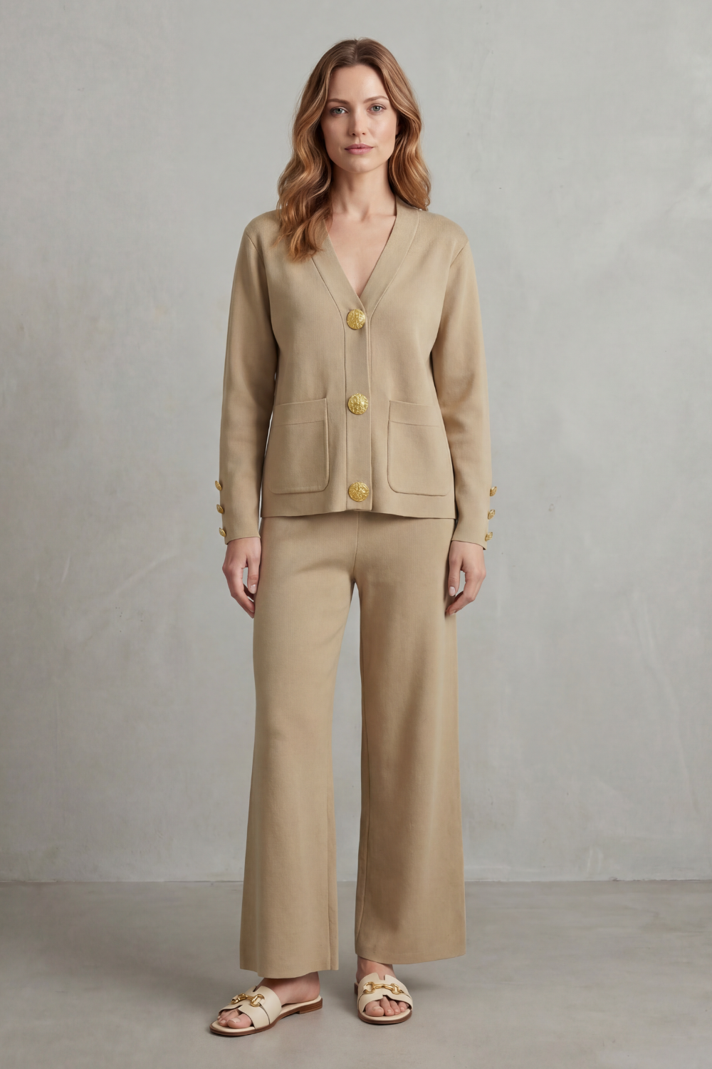 Livia Gold-Button Lounge Set | Women's V-Neck Wide-Leg Two-Piece