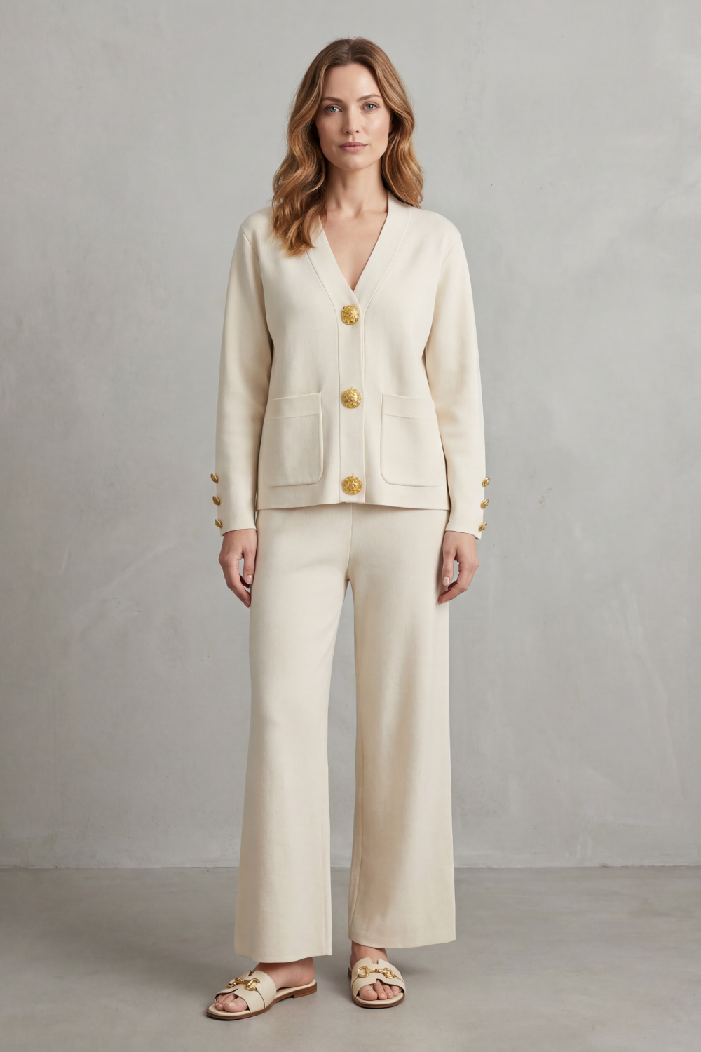 Livia Gold-Button Lounge Set | Women's V-Neck Wide-Leg Two-Piece