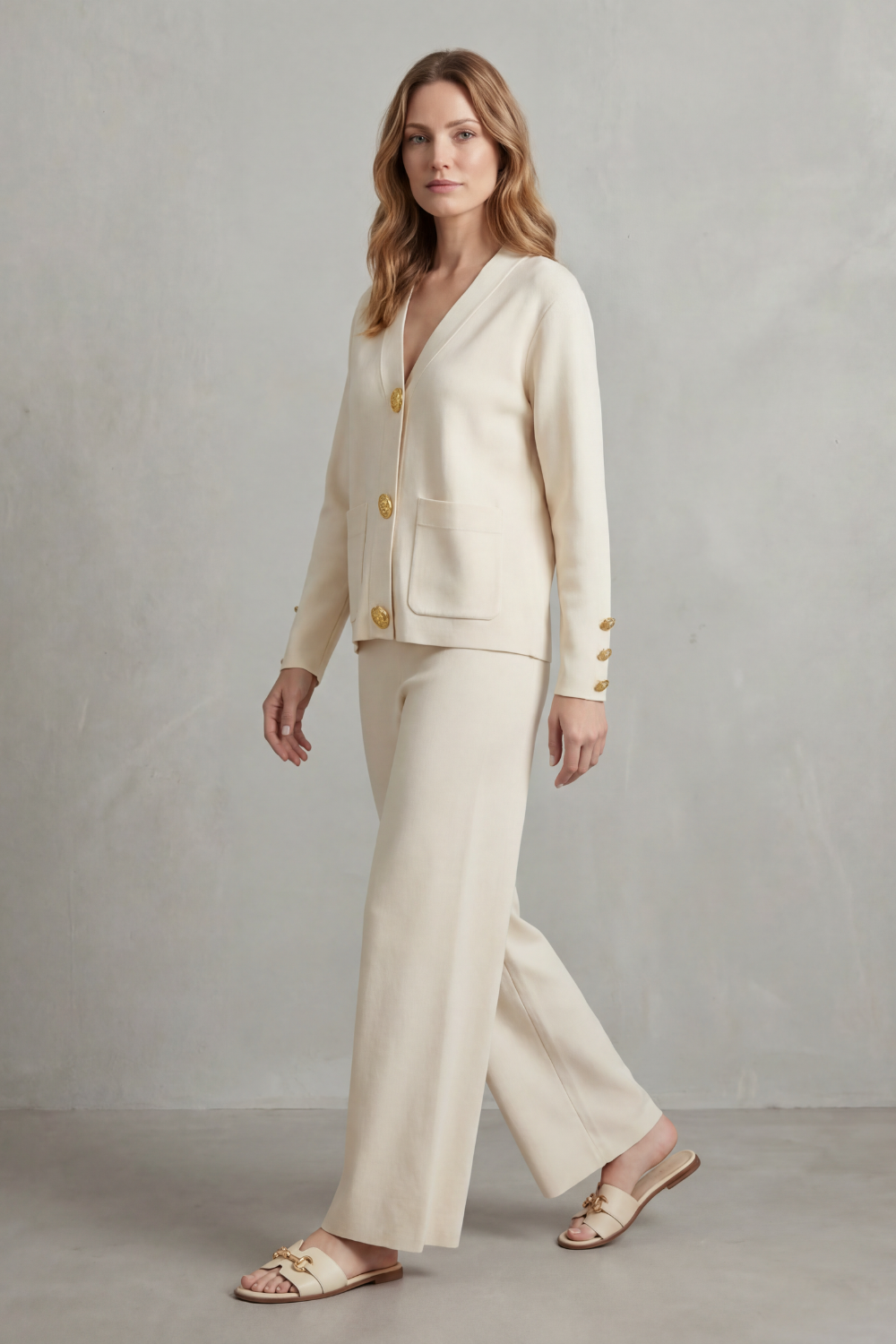 Livia Gold-Button Lounge Set | Women's V-Neck Wide-Leg Two-Piece