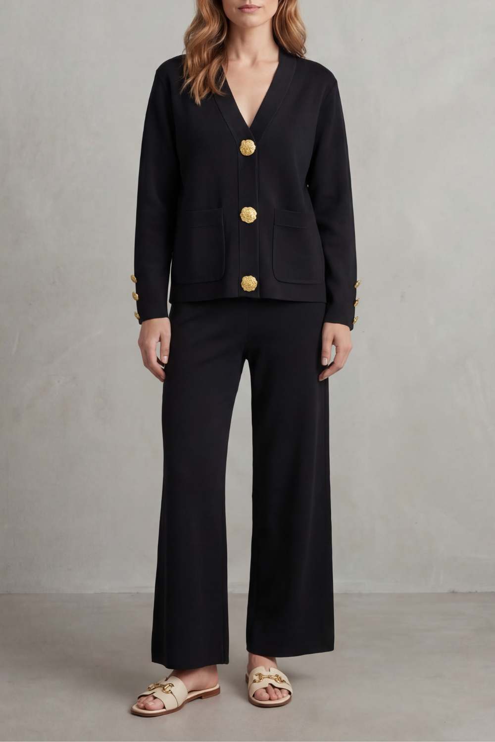 Livia Gold-Button Lounge Set | Women's V-Neck Wide-Leg Two-Piece