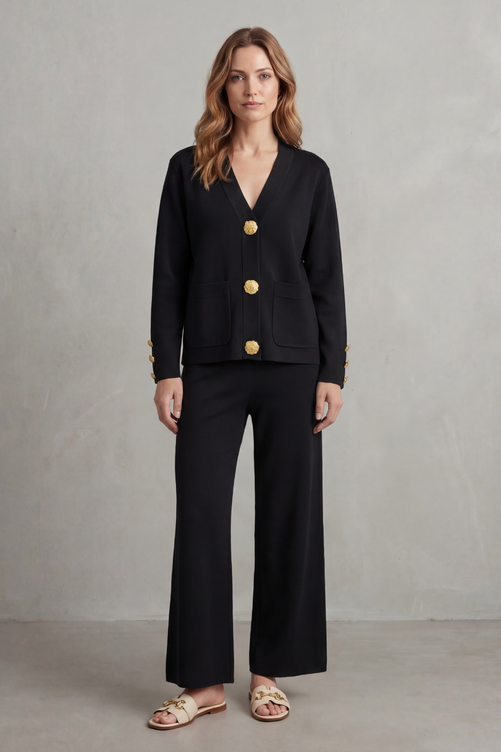 Livia Gold-Button Lounge Set | Women's V-Neck Wide-Leg Two-Piece