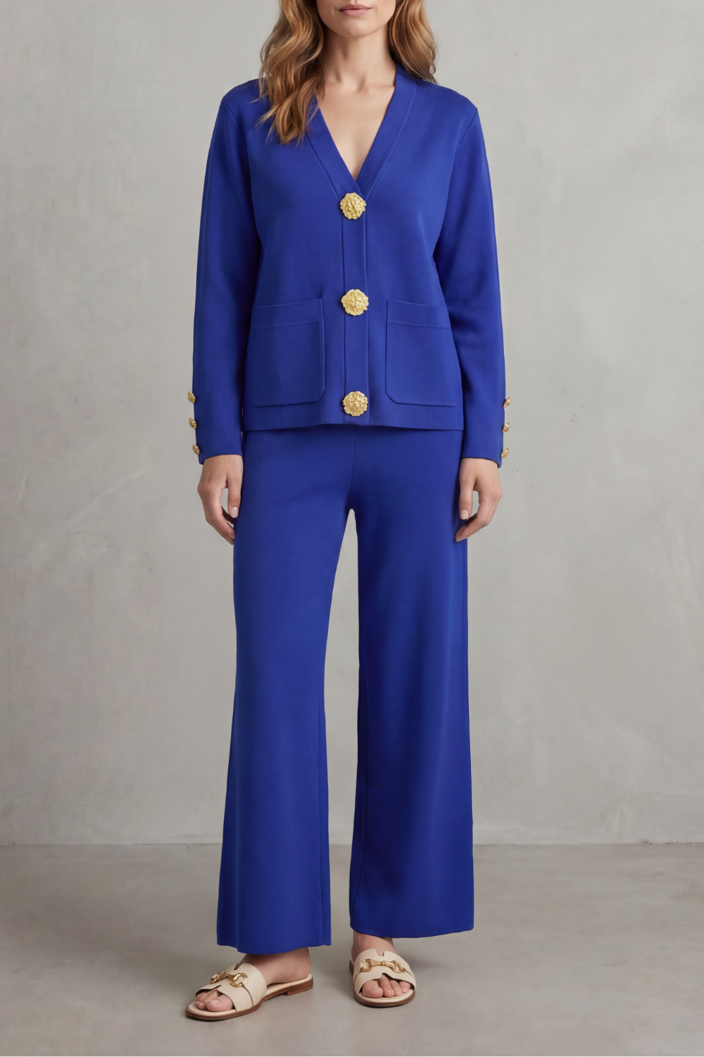 Livia Gold-Button Lounge Set | Women's V-Neck Wide-Leg Two-Piece