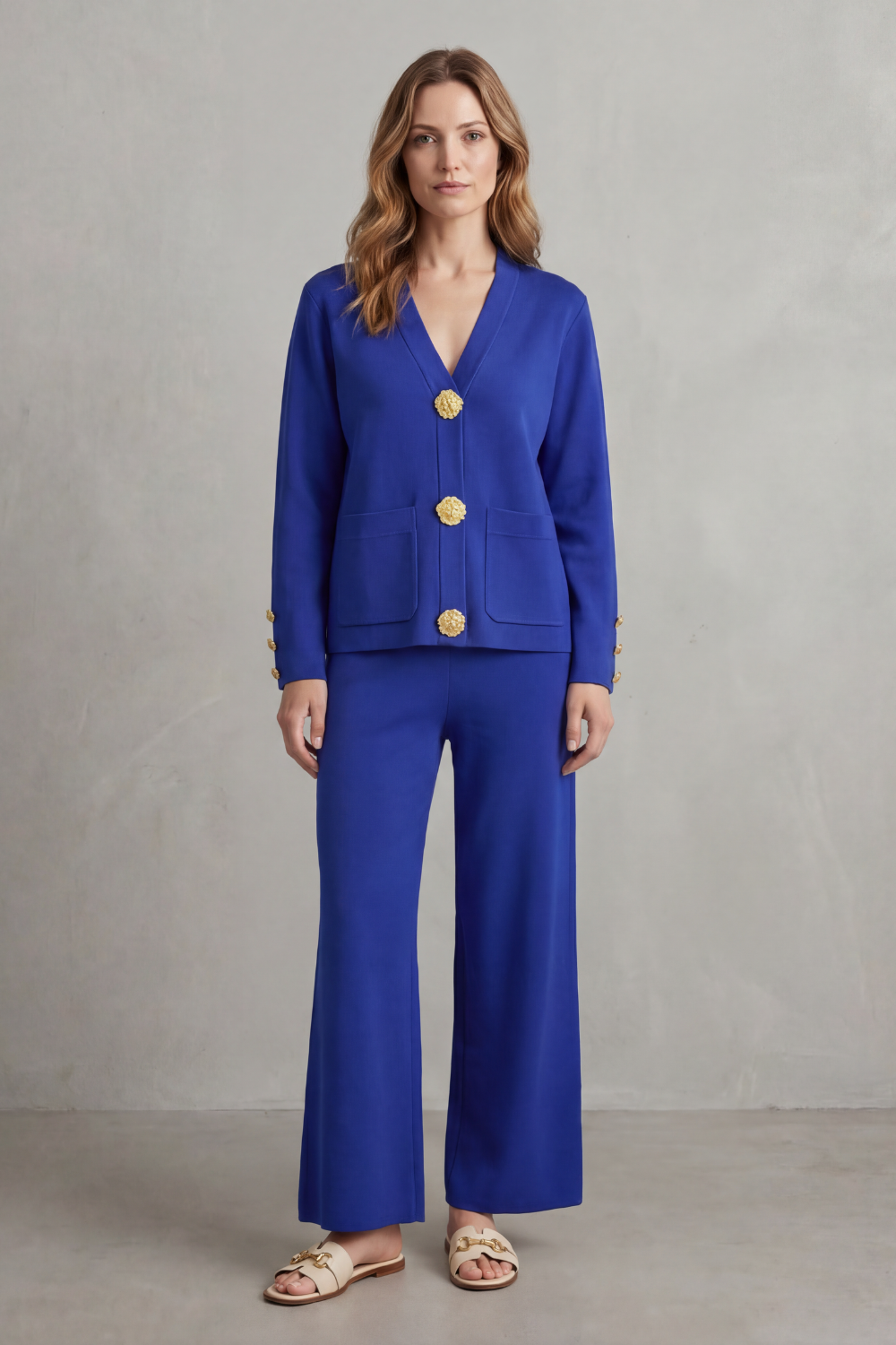 Livia Gold-Button Lounge Set | Women's V-Neck Wide-Leg Two-Piece