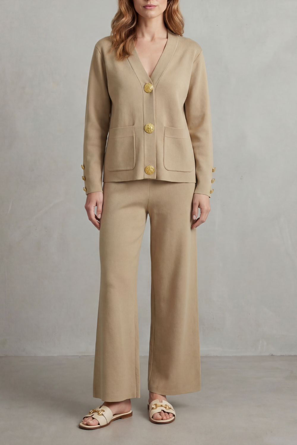 Livia Gold-Button Lounge Set | Women's V-Neck Wide-Leg Two-Piece