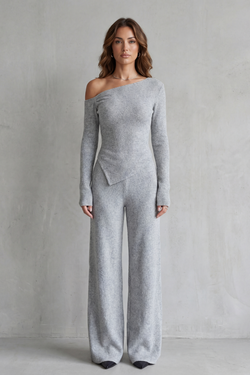 Lunavie Asymmetric Knit Lounge Set | Women's Wide-Leg Two-Piece
