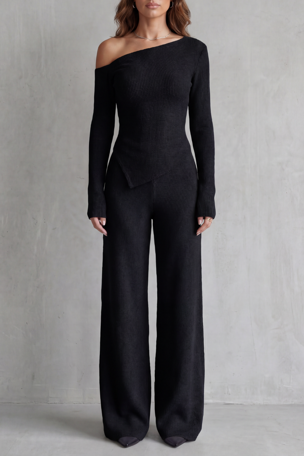 Lunavie Asymmetric Knit Lounge Set | Women's Wide-Leg Two-Piece
