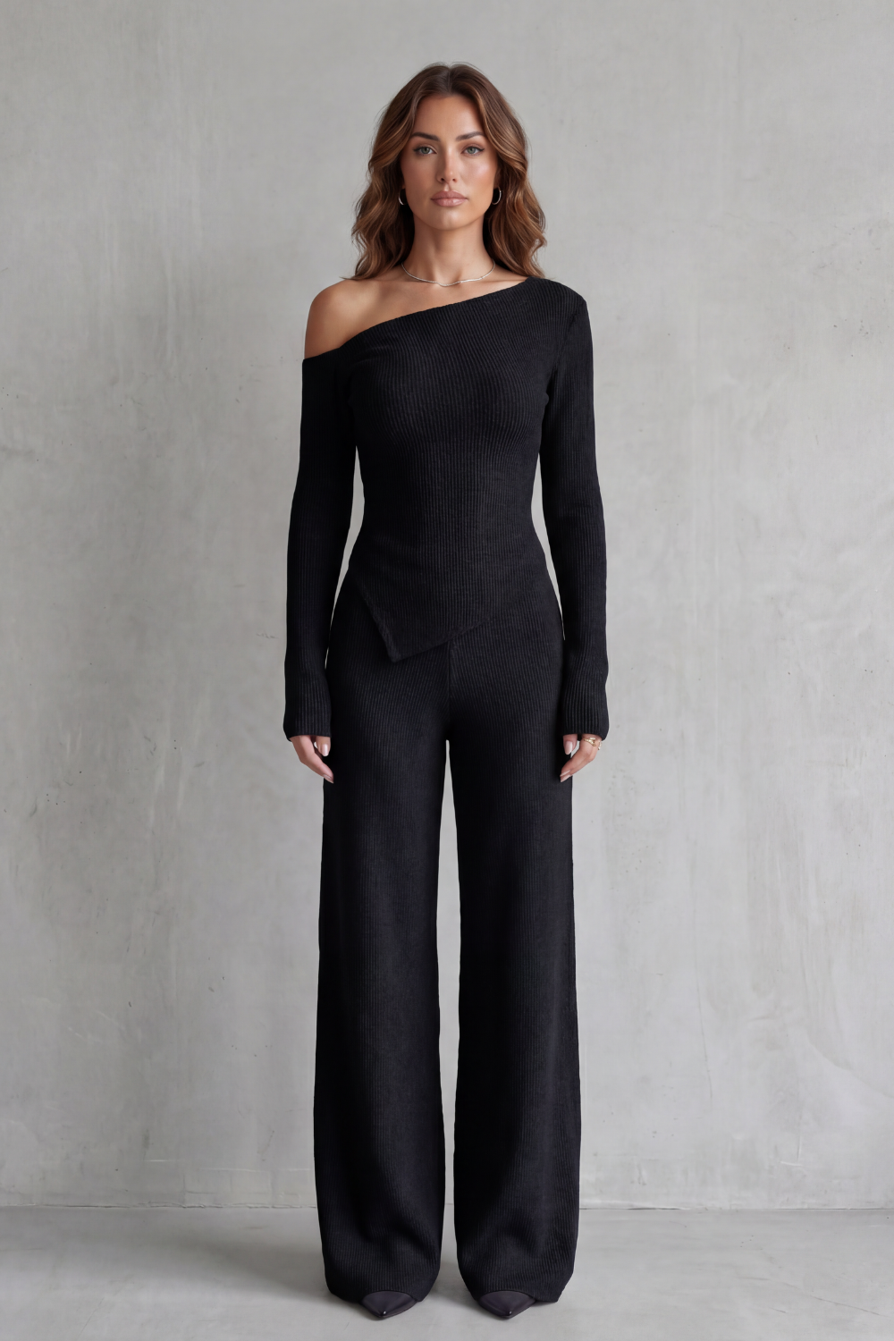 Lunavie Asymmetric Knit Lounge Set | Women's Wide-Leg Two-Piece