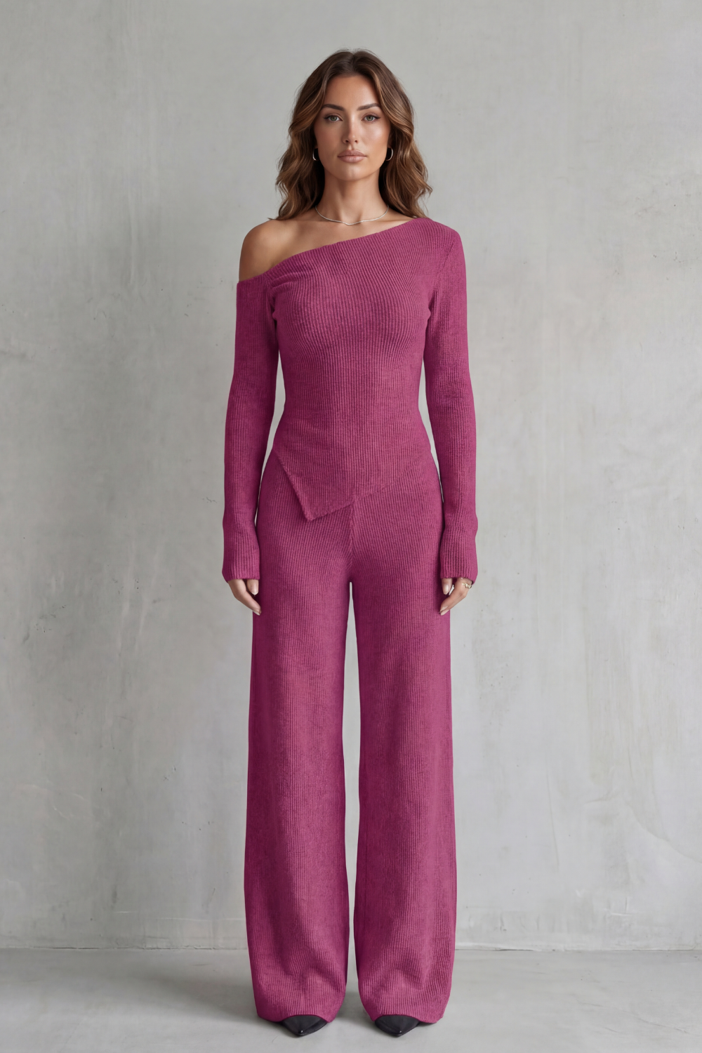 Lunavie Asymmetric Knit Lounge Set | Women's Wide-Leg Two-Piece