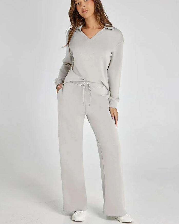 Women's Two-Piece Lounge Set Zip Neck Wide Leg