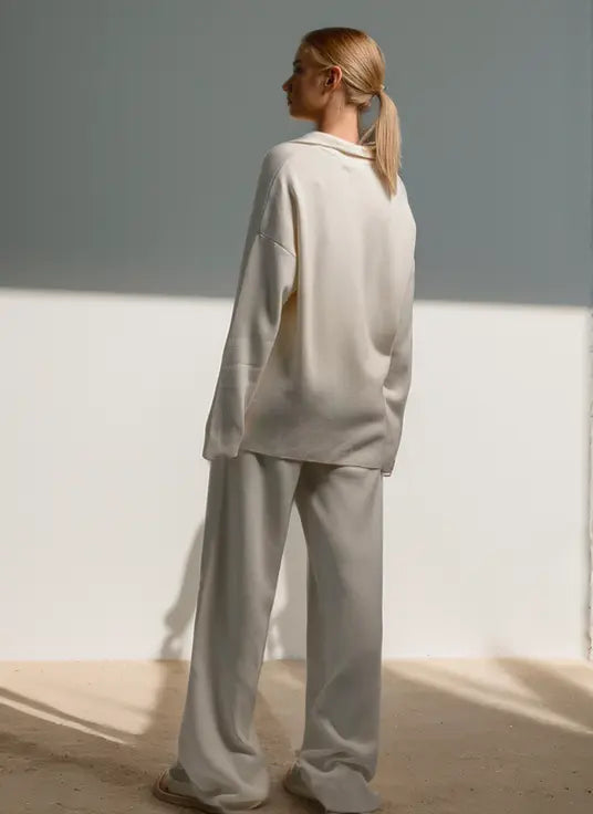 Minimalist Lounge Set with Open Collar Top and Wide Leg Pants