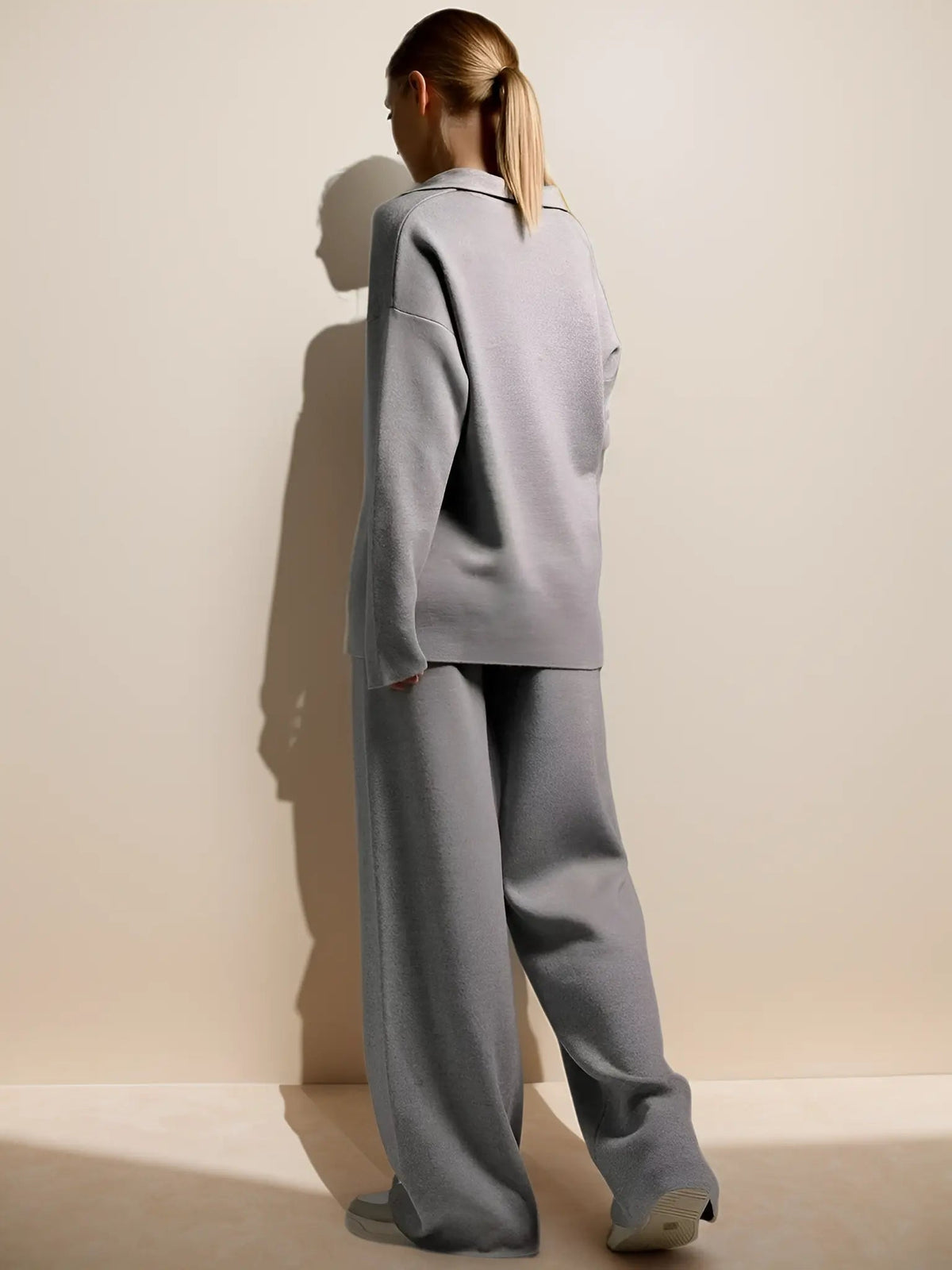 Minimalist Lounge Set with Open Collar Top and Wide Leg Pants