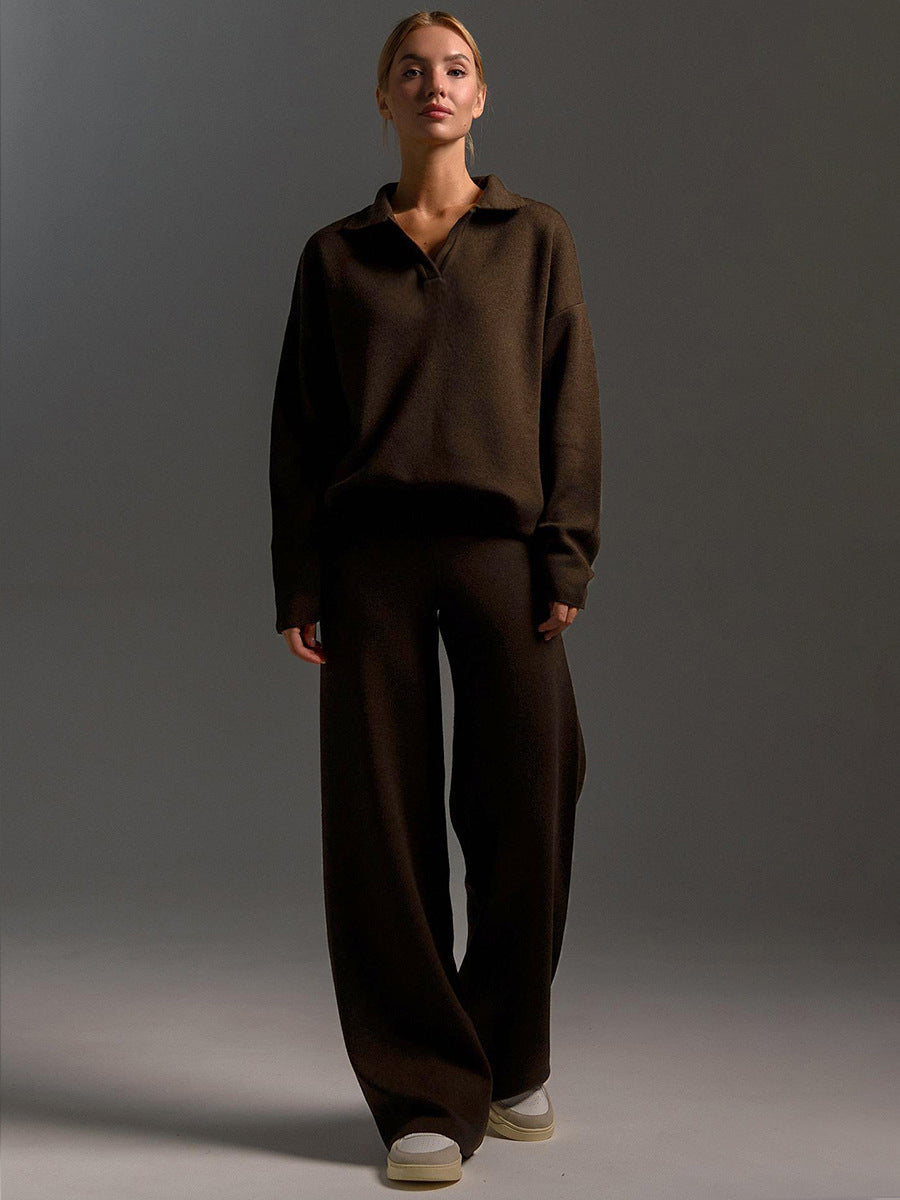 Indy | Women's Lounge Set with Oversized Polo Sweater and Wide Leg Trousers in Sand Colour