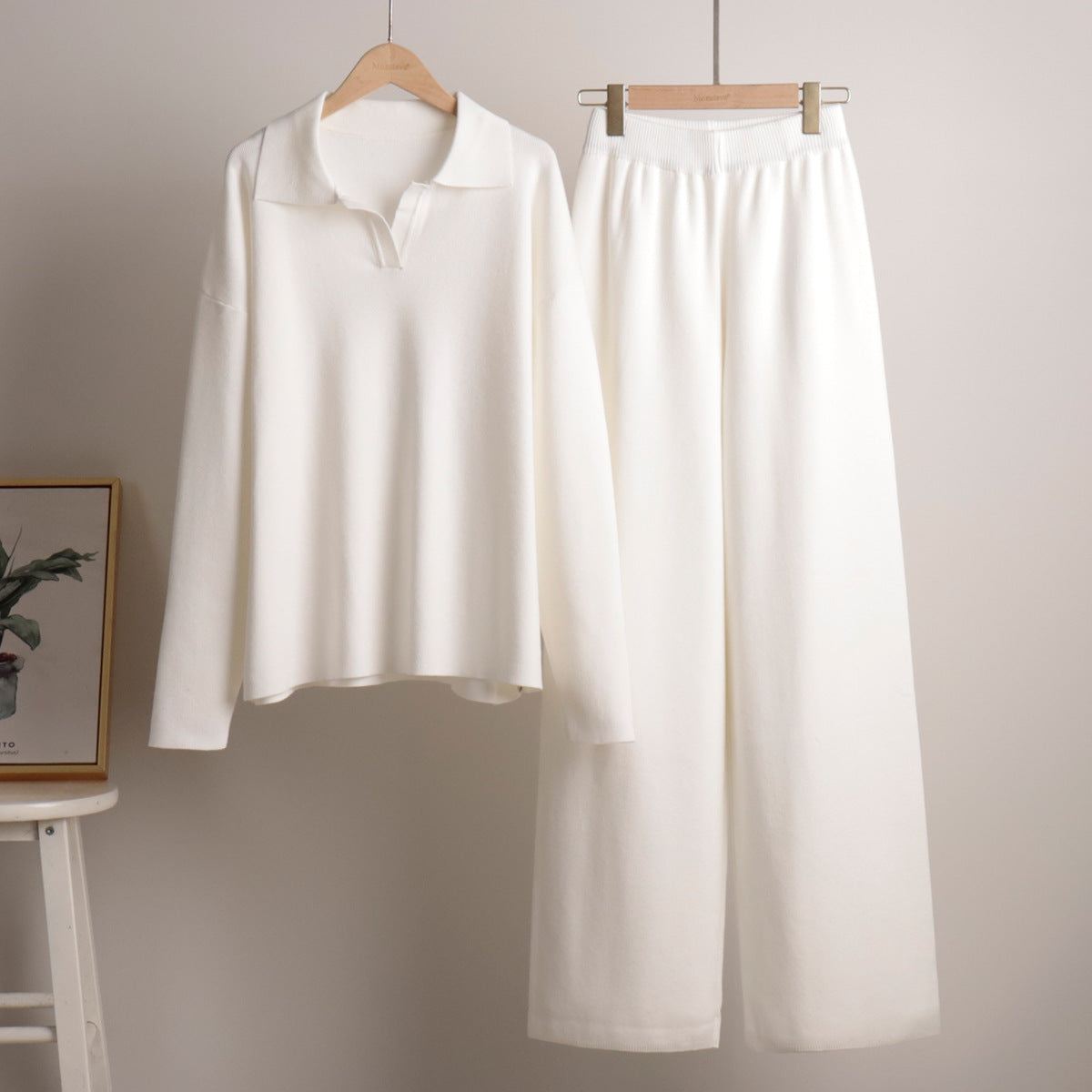 Indy | Women's Lounge Set with Oversized Polo Sweater and Wide Leg Trousers in Sand Colour