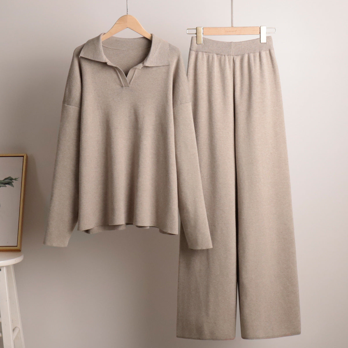 Indy | Women's Lounge Set with Oversized Polo Sweater and Wide Leg Trousers in Sand Colour