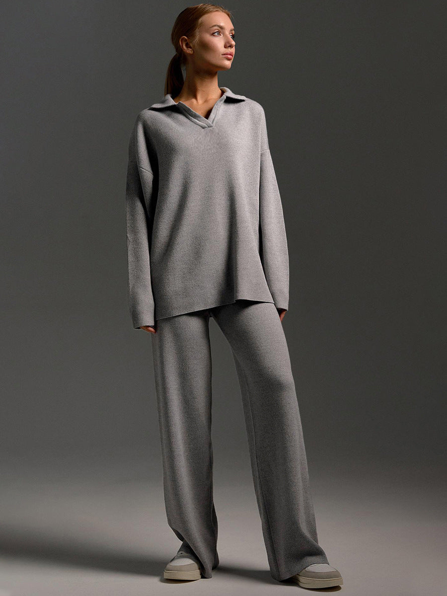 Indy | Women's Lounge Set with Oversized Polo Sweater and Wide Leg Trousers in Sand Colour